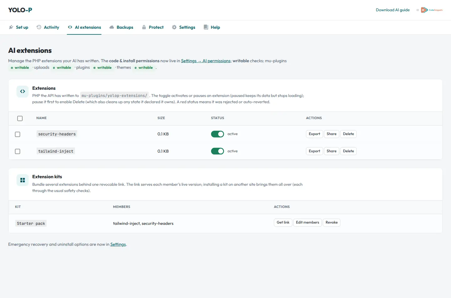 YOLO AI extensions and Extension kits — share a bundle between sites with one link