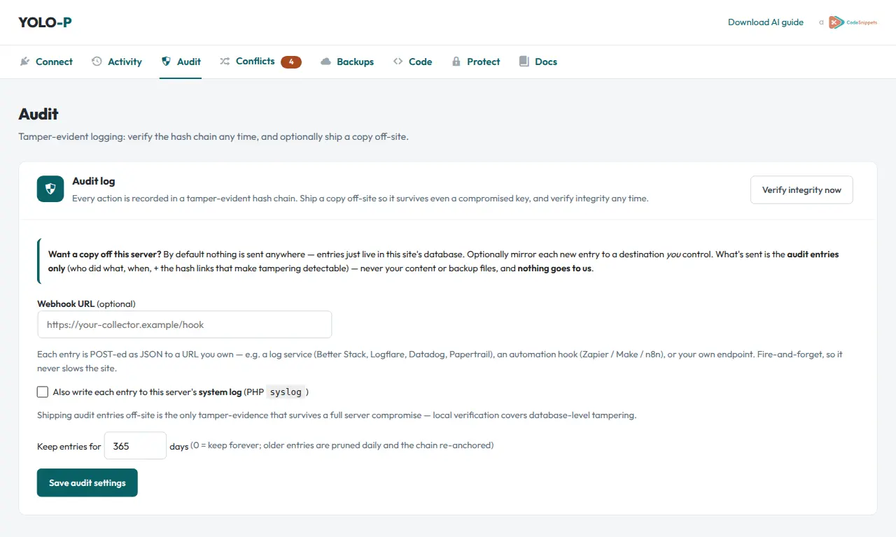 The YOLO Audit screen — tamper-evident hash chain