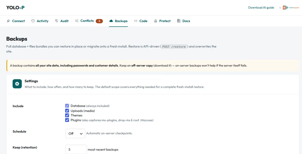 The YOLO Backups screen — off-site and encrypted