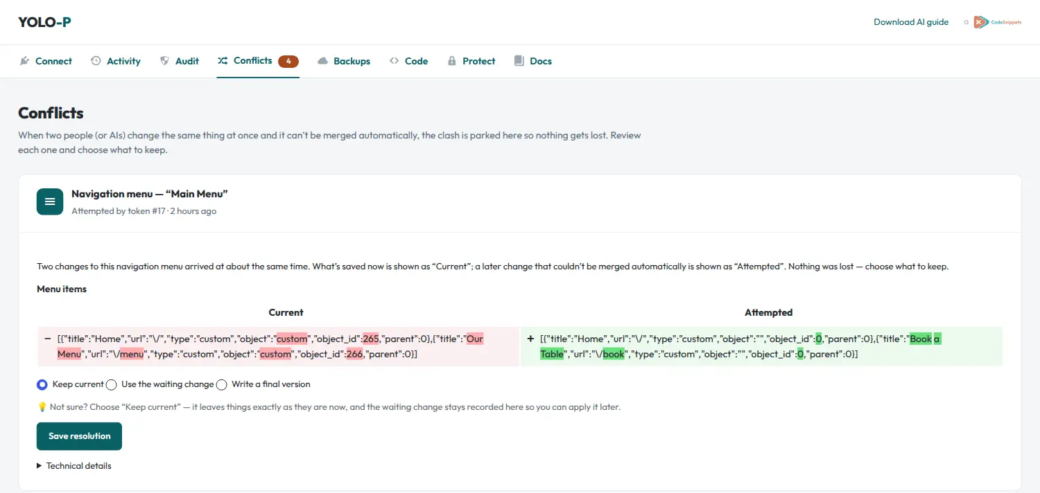 The YOLO Conflicts review screen